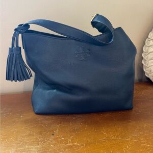Tory Burch Dark Blue Leather Shoulder Bag with Tassel
